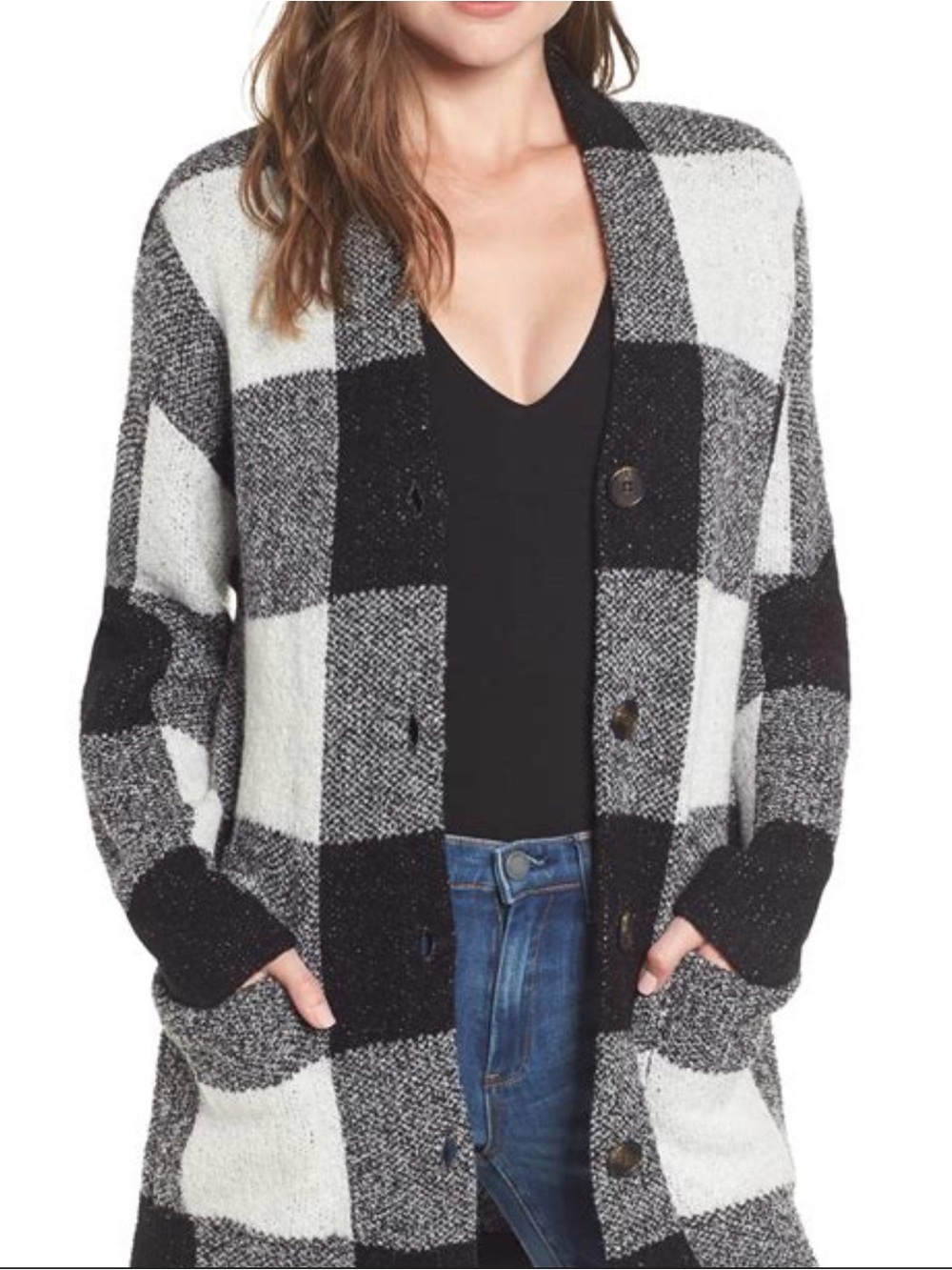 BLANKNYC | Buffalo Check Button-Up Cardigan Sweater - Black & White